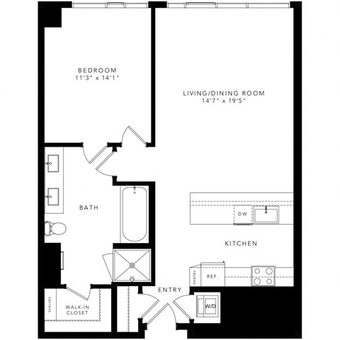 floor plan with 1 bedroom, 1 bathroom, kitchen, and living/dining room